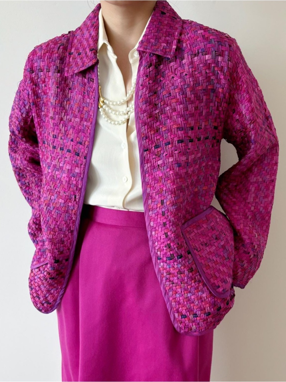 Vintage 1990s Hot Pink Barbie Woven Tweed Blazer Size Large